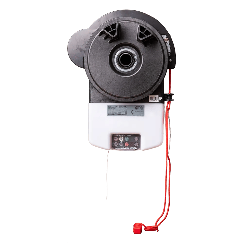 Garage door opener motor unit with red manual release cord and handle