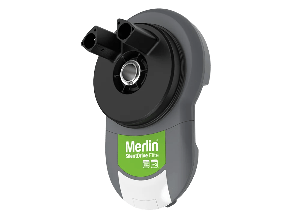 Merlin SilentDrive Elite automotive device in gray with a green label, showing a circular mechanism and two top connectors