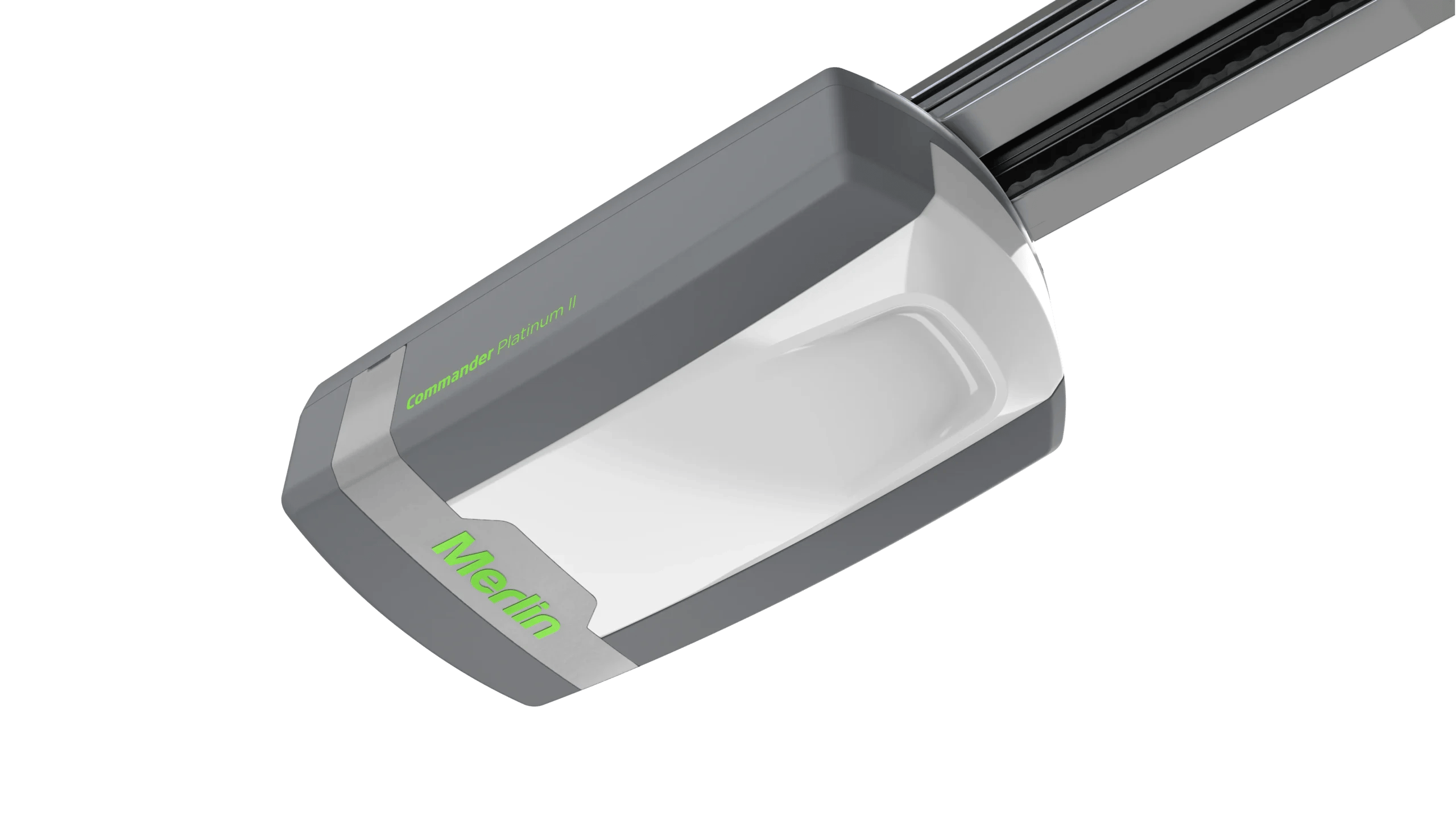 Close-up of a gray precision instrument with a sliding rail system and a green 'Commander Platinum II' label.