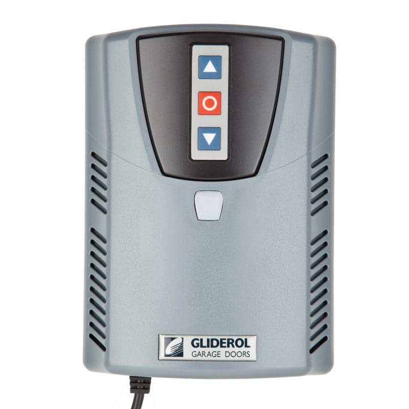Wall-mounted garage door controller with three vertical buttons (blue up, red stop, blue down) and a Gliderol logo.