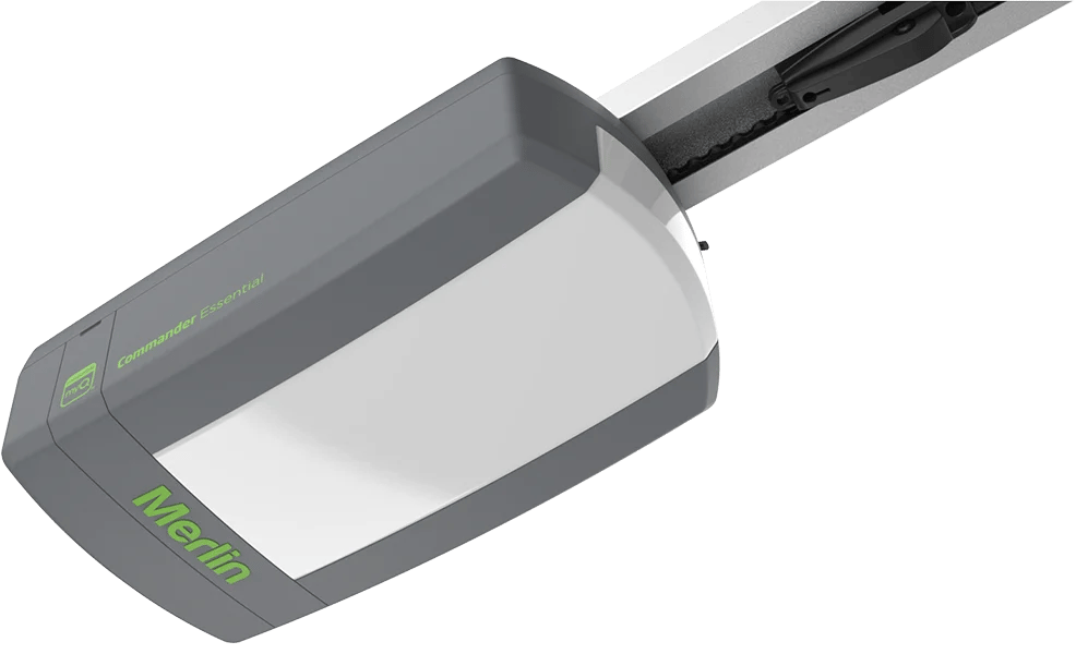 Close-up of a gray handheld power tool with a long blade, branded Merlin Commander Essential.