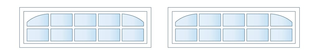 Two horizontal window frames with two rows of blue-tinted panes; top row has curved-end panes, bottom row rectangular panes.
