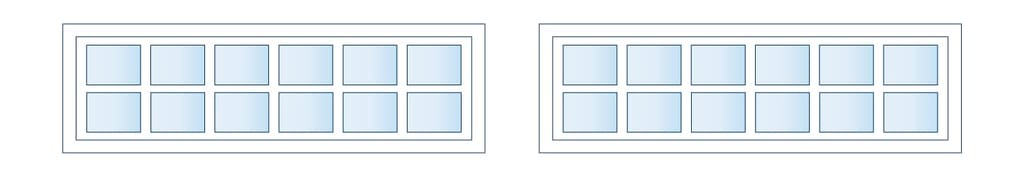 Two long rectangular window frames side by side, each with a 2-by-6 grid of blue-tinted panes inside thin borders.