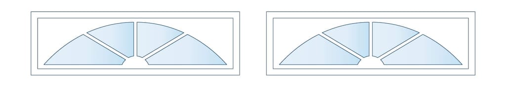 Pair of blue arched window fans in rectangular frames, each with three radial panes forming a sunburst; the left panel shows a small cutout at the bottom center, the right panel appears without the cutout.