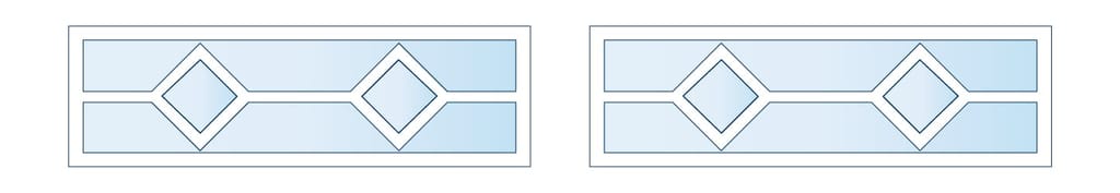 Two horizontal blue framed banners showing a white pathway with two connected diamond shapes (left and right variants) likely design sketches.
