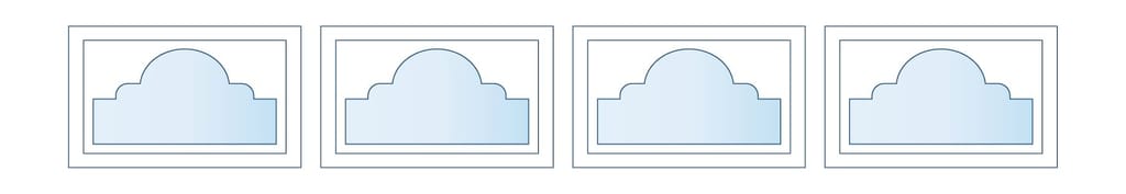 Four framed cloud illustrations in four adjacent panels with double borders, light blue gradient fill in the cloud shape inside each frame.