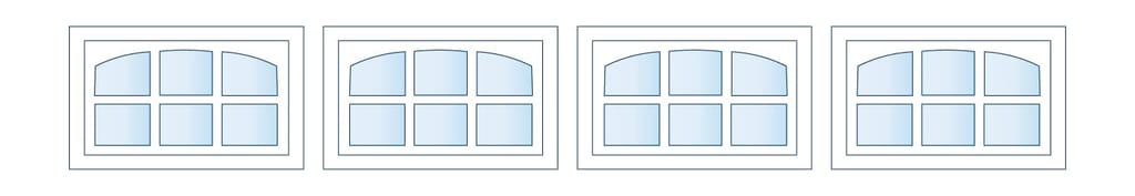 Four framed panels, each with a 3x2 grid of blue gradient window panes (three curved top panes and three rectangular bottom panes).