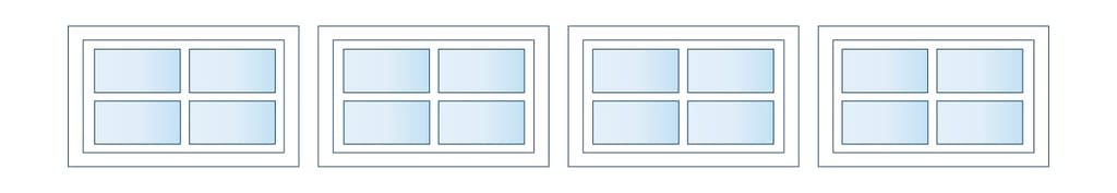 Four framed panels, each containing a 2x2 grid of blue rectangles.
