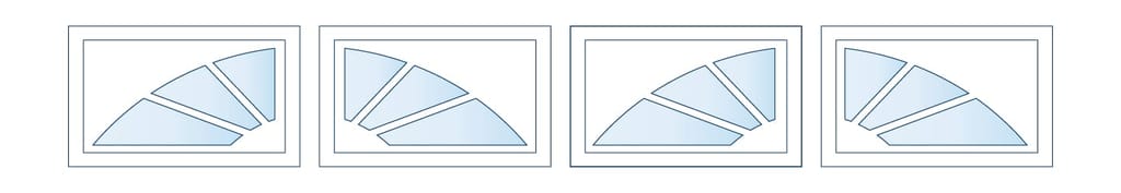 Four framed diagrams with light-blue pie-slice shapes split into three segments in a semicircular arrangement.