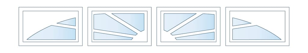 Four framed abstract blue artworks arranged in a row on a white background.